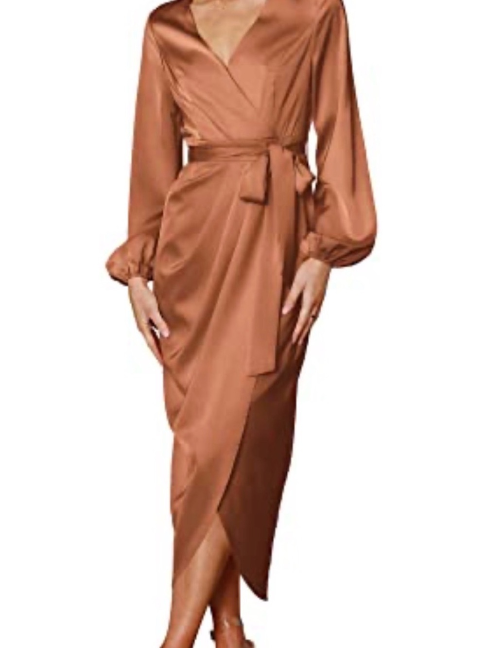 Sleek Tan Long-Sleeve Wrap Midi Dress